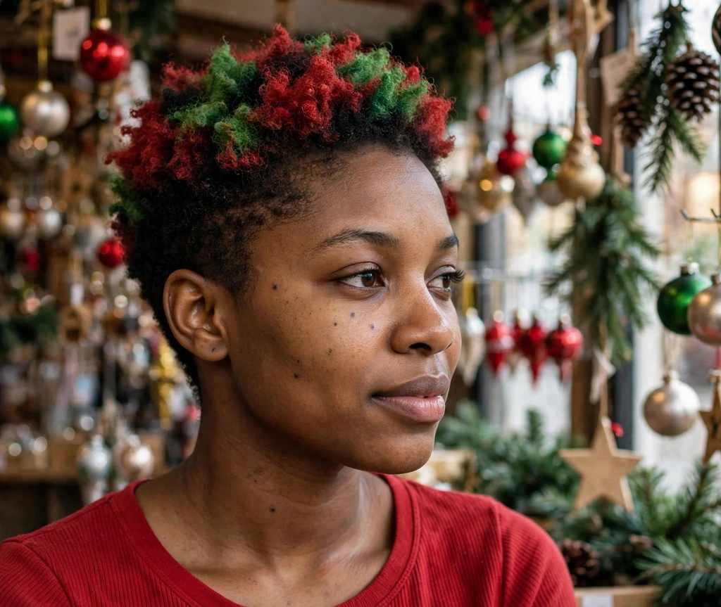 Short tapered cut with red and green painted curls for Christmas