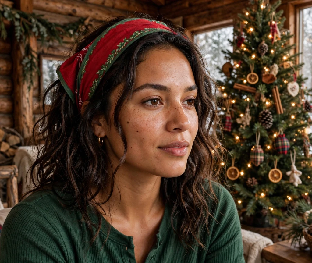Loose beach waves with red bandana headscarf with green trim for Christmas