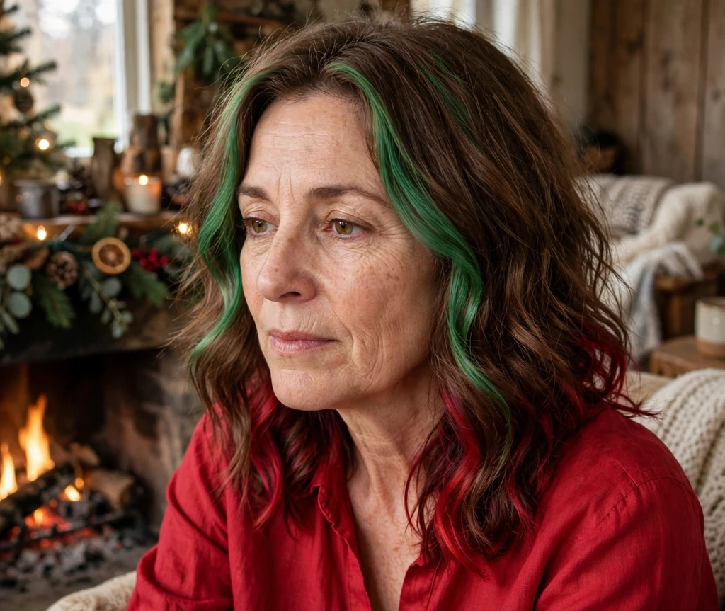 Shoulder-length waves with green money pieces and crimson underlayer for Christmas