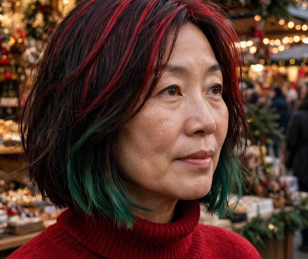 Chin-length bob with green dip-dye and crimson streaks for Christmas