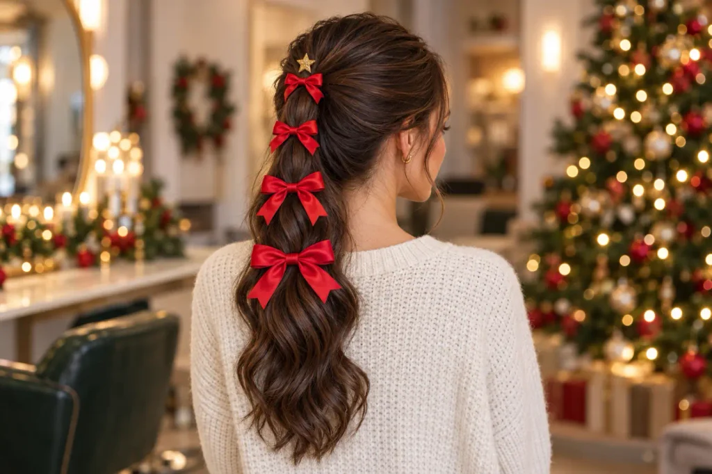 Red Bow Christmas Tree Ponytail