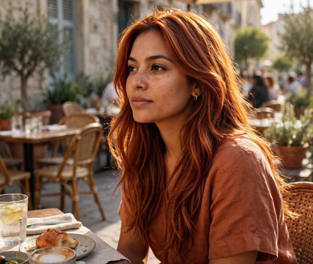 Woman with long layered copper red hair in warm sunlight