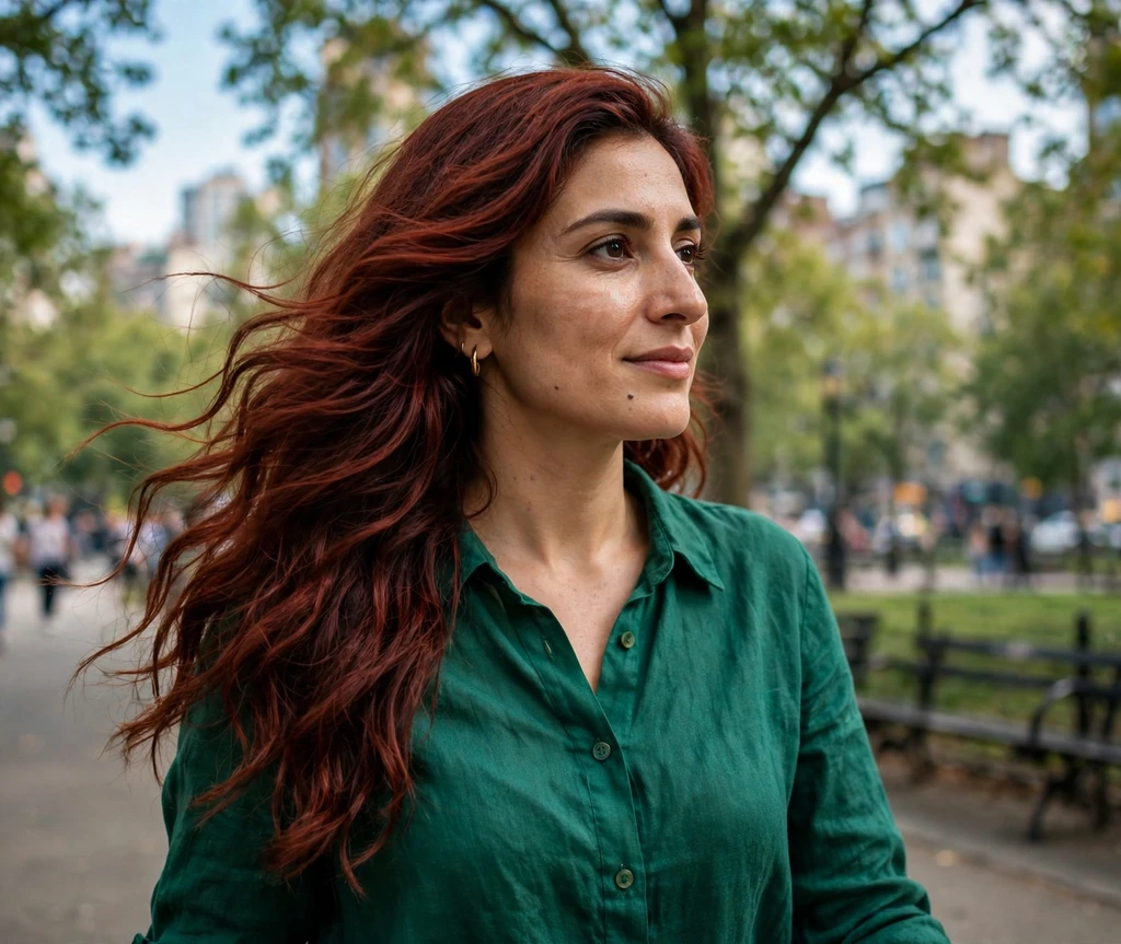 Woman with deep auburn wavy hair over one shoulder