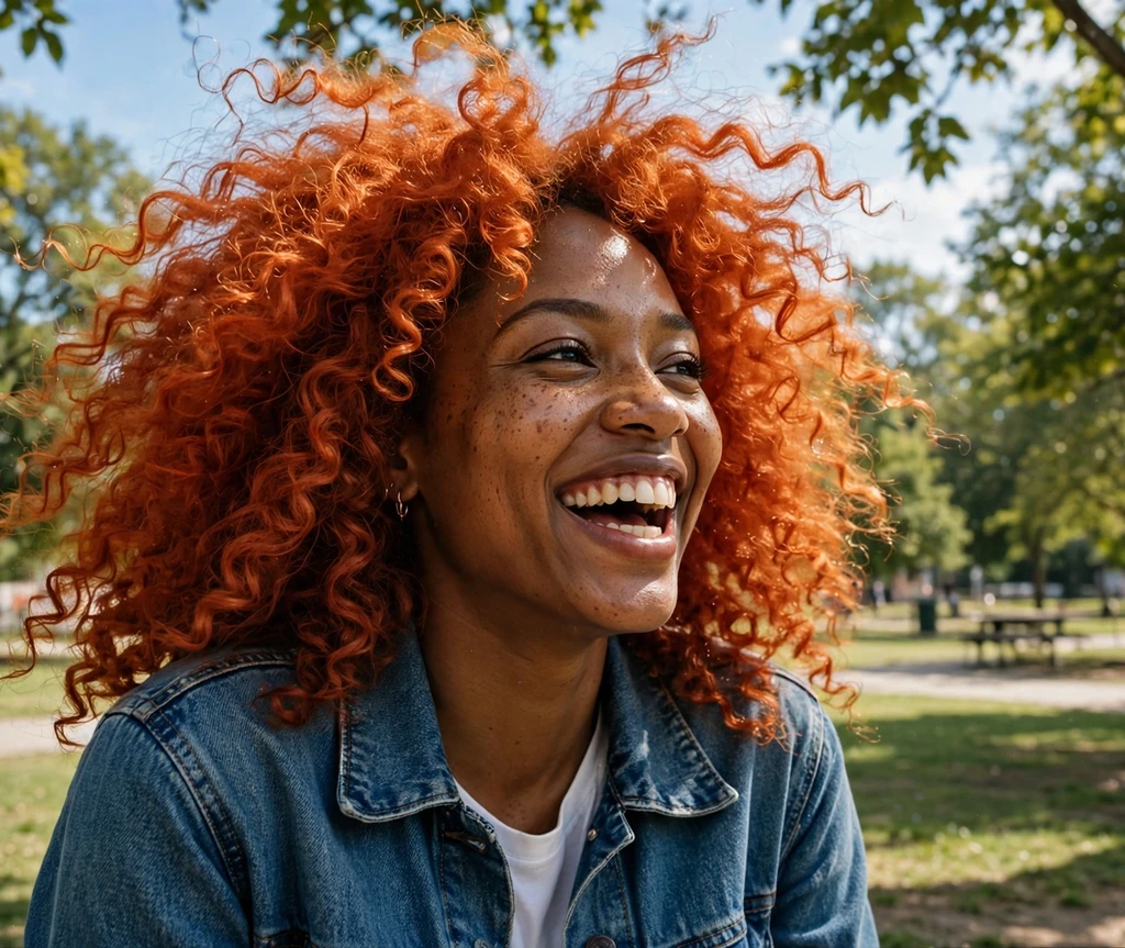 Woman with fiery ginger red curly hair laughing in a park