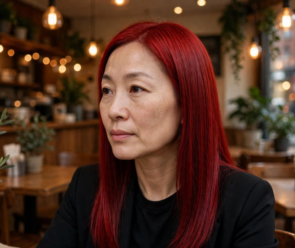 Woman with bold cherry red straight hair in a city café