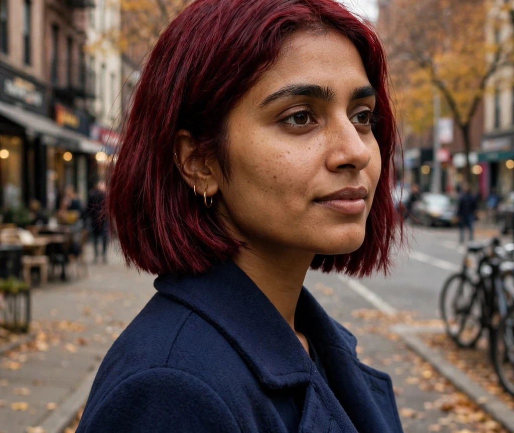 Woman with rich burgundy red bob haircut on a city street