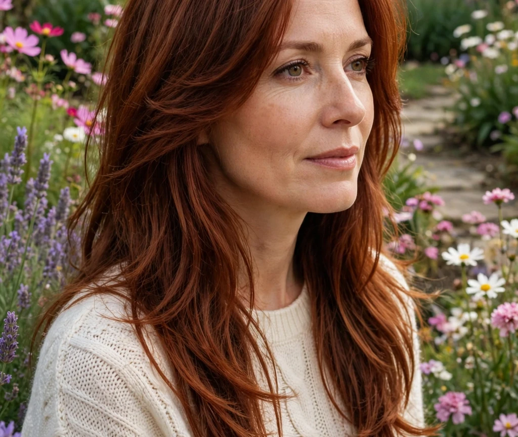 Woman with warm mahogany red layered hair in a garden
