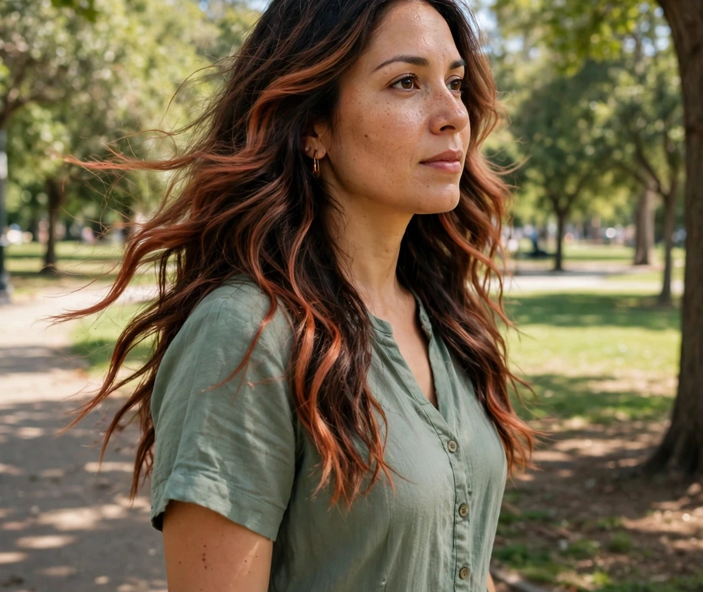 Woman with strawberry copper balayage on long wavy hair