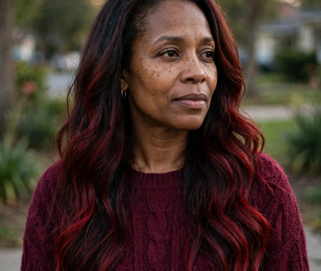 Woman with dark cherry cola red hair in evening light