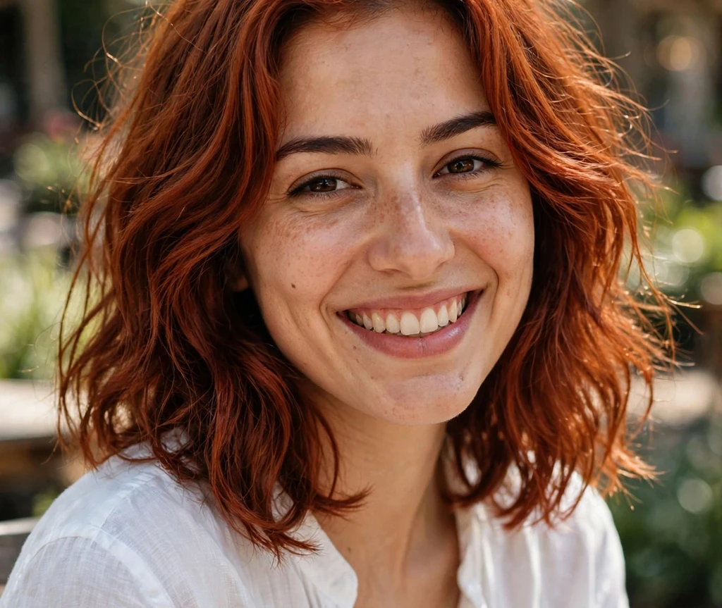 Woman with copper penny red lob haircut smiling outdoors