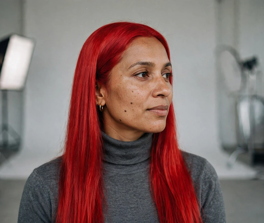 Woman with vivid fire engine red hair in a studio setting