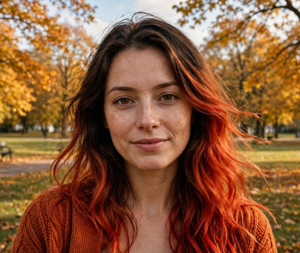 Woman with auburn ombre hair transitioning from dark to red