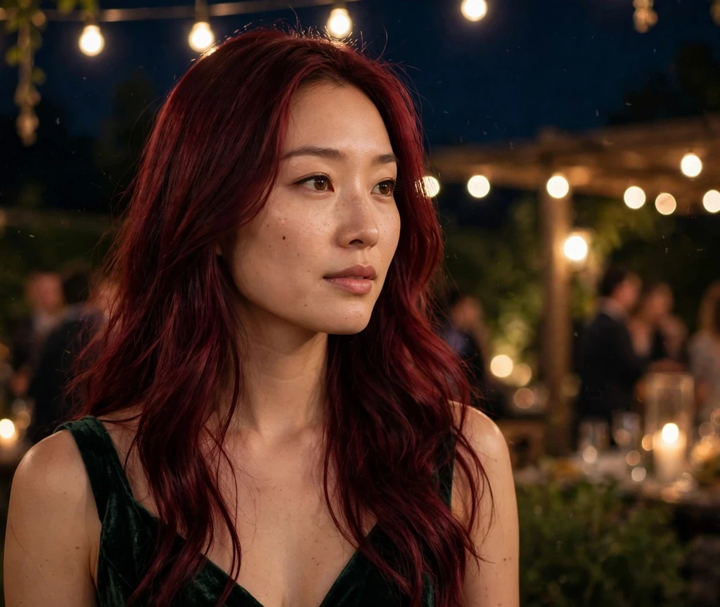 Woman with deep wine red long hair at an evening event