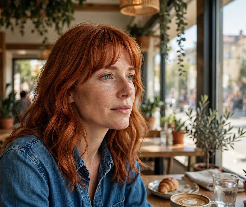 Woman with copper red hair and curtain bangs in a café