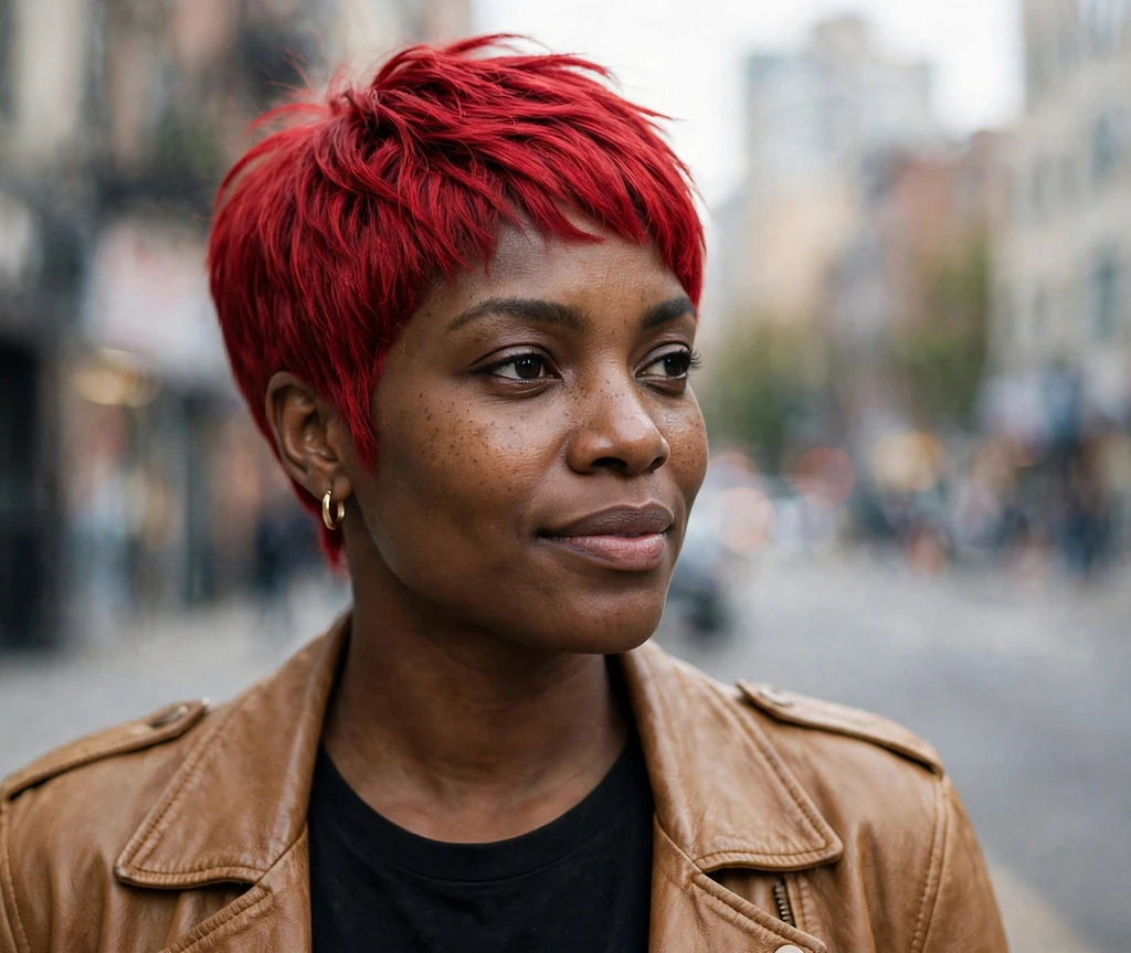 Woman with cherry red pixie cut in an urban setting