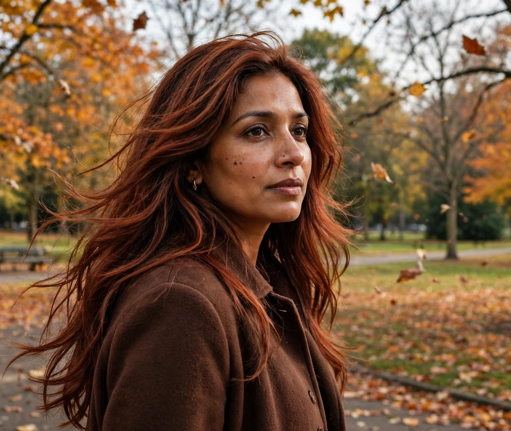 Woman with burnt copper layered hair in an autumn park