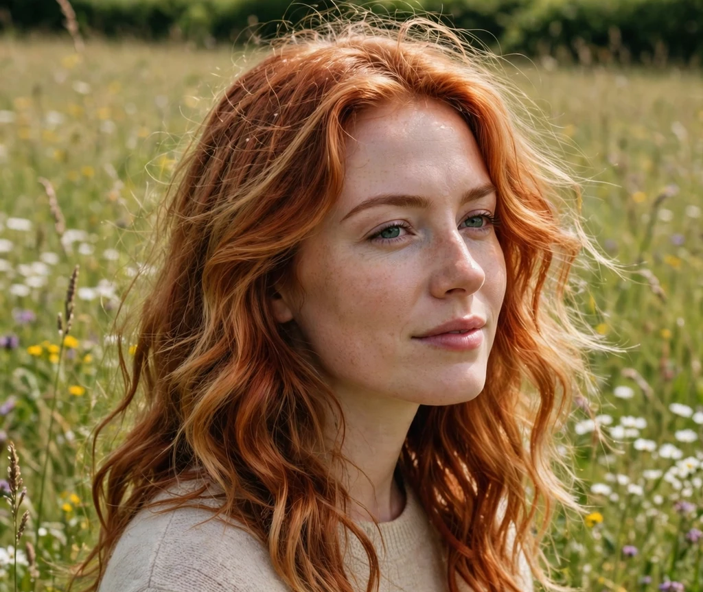 Woman with natural looking redhead copper hair in daylight