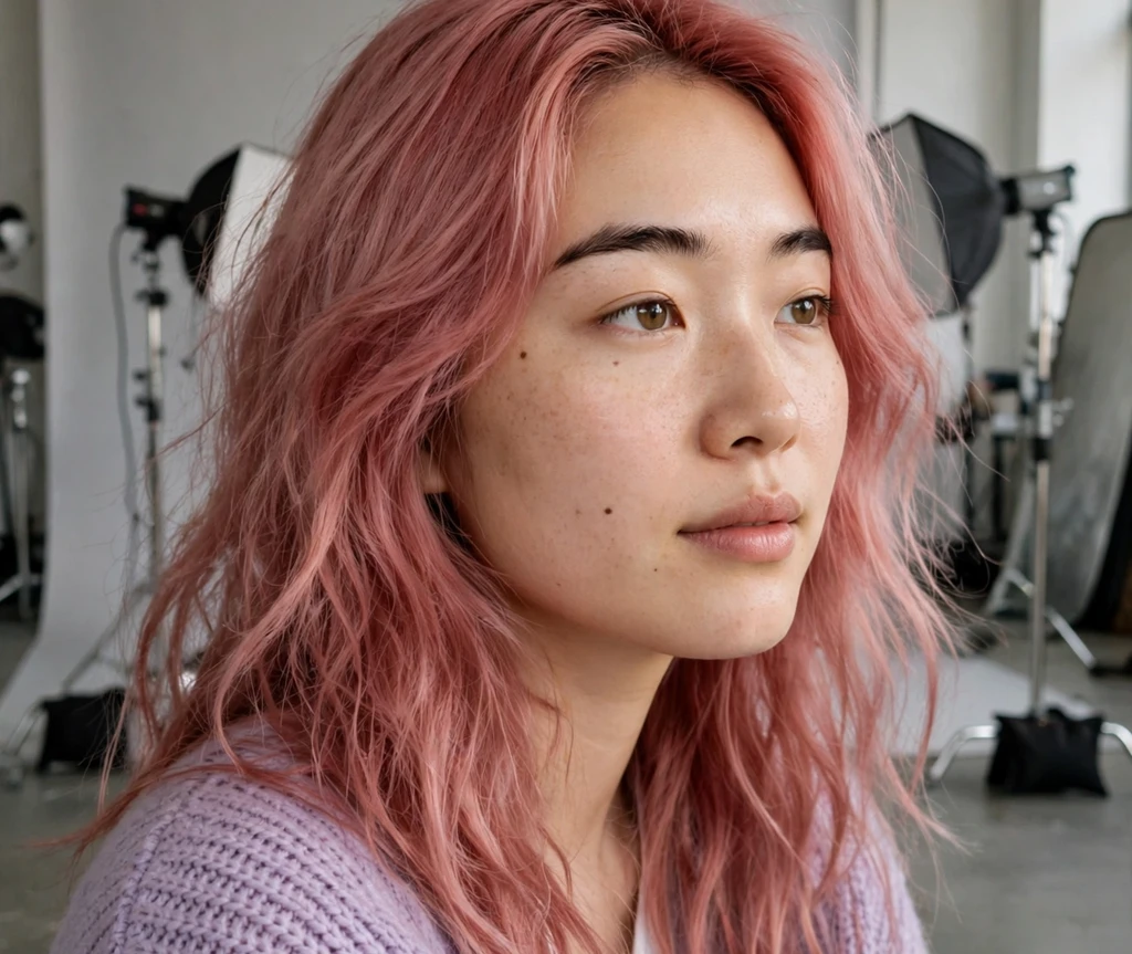 Woman with rose red pastel tinted hair in a studio