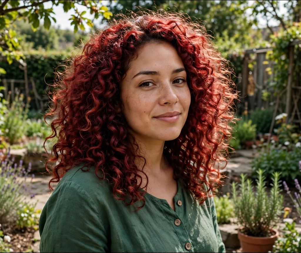 Woman with garnet red curly hair in a garden setting