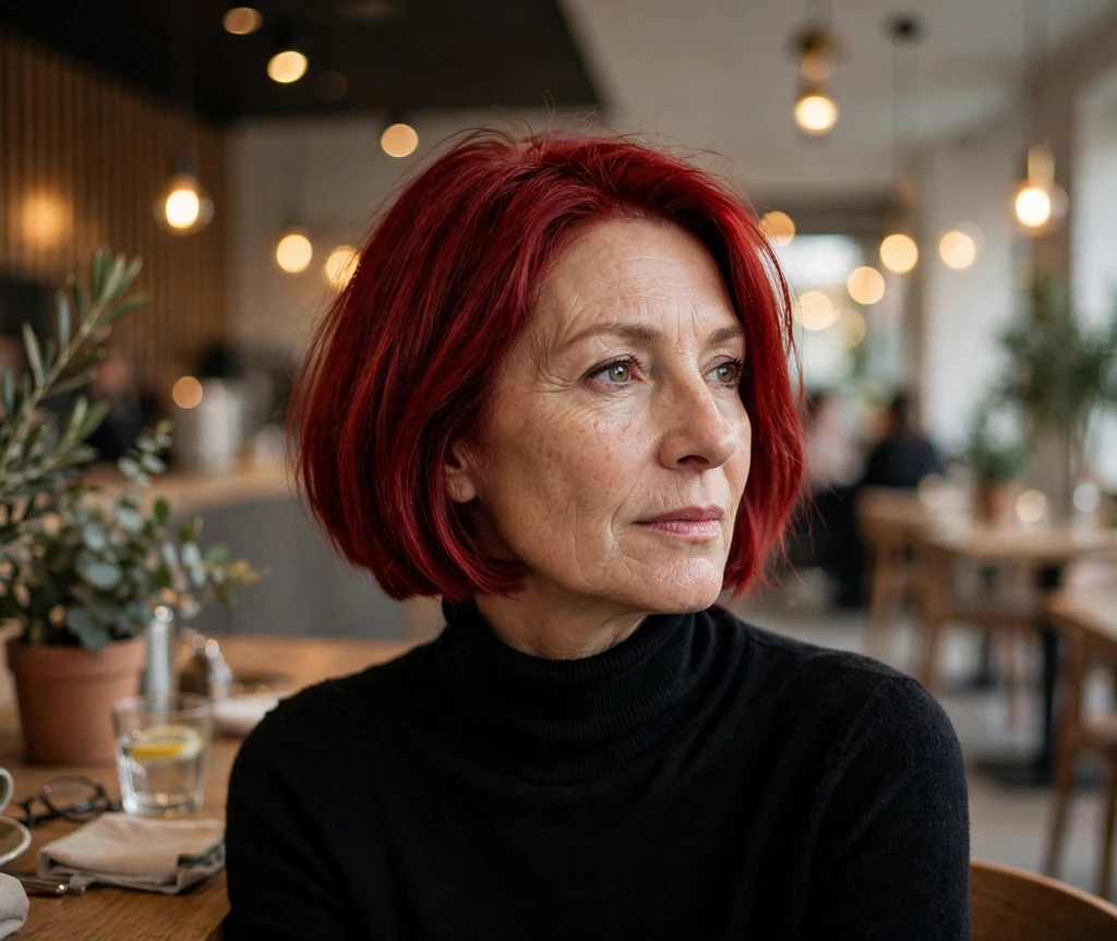 Woman with crimson red bob hairstyle in a modern café