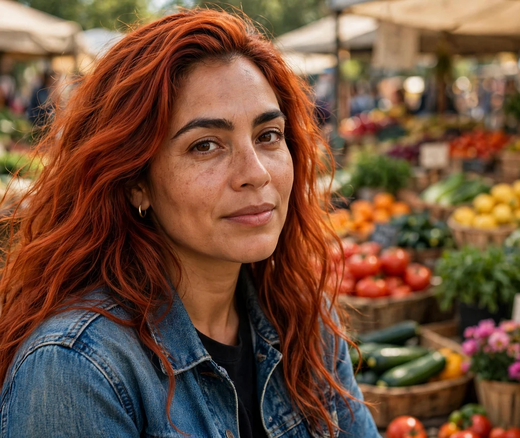 Woman with paprika red wavy hair at a farmers market