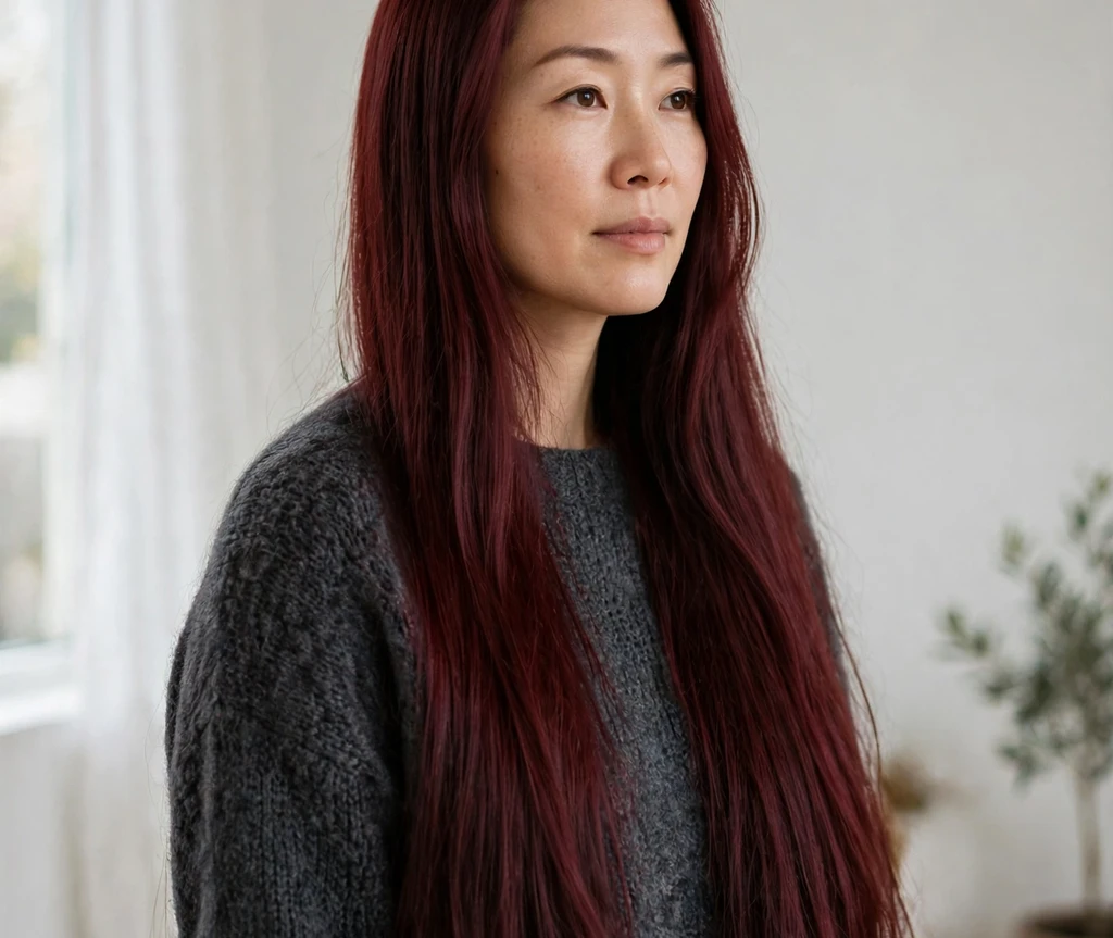 Woman with maroon red silky straight long hair