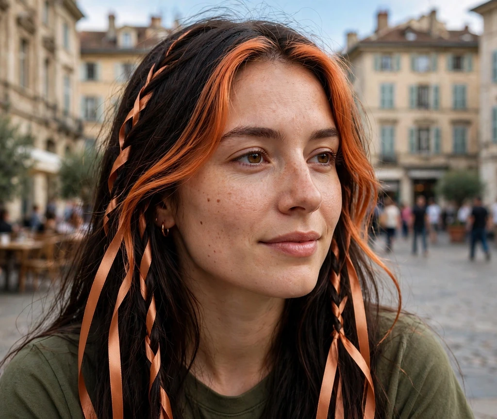 Woman with copper money piece highlights framing her face