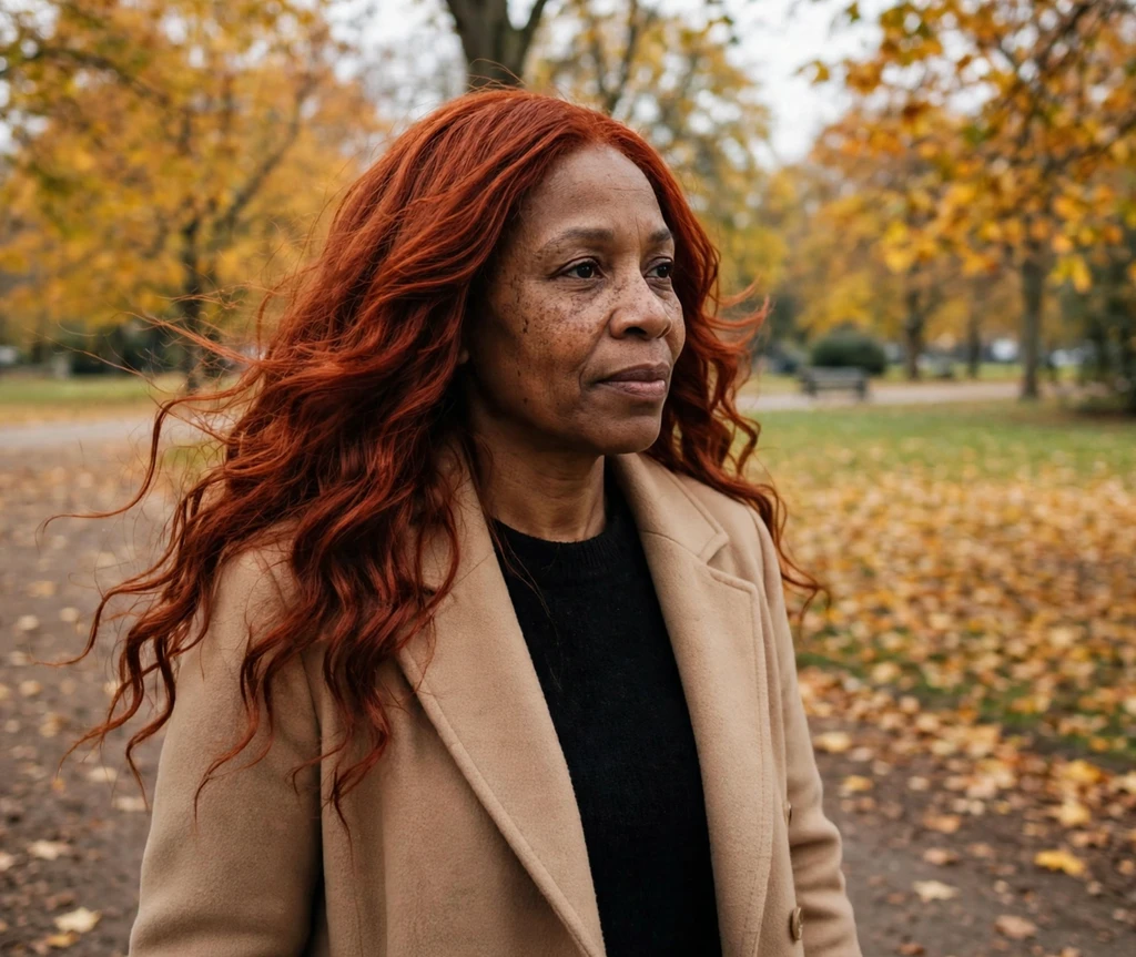 Woman with spicy cinnamon red hair in an autumn park