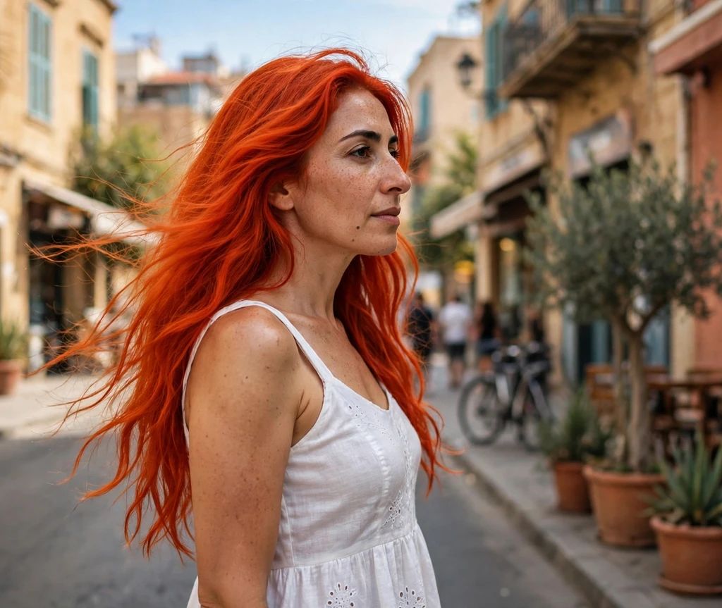Woman with bright poppy red hair on a city street