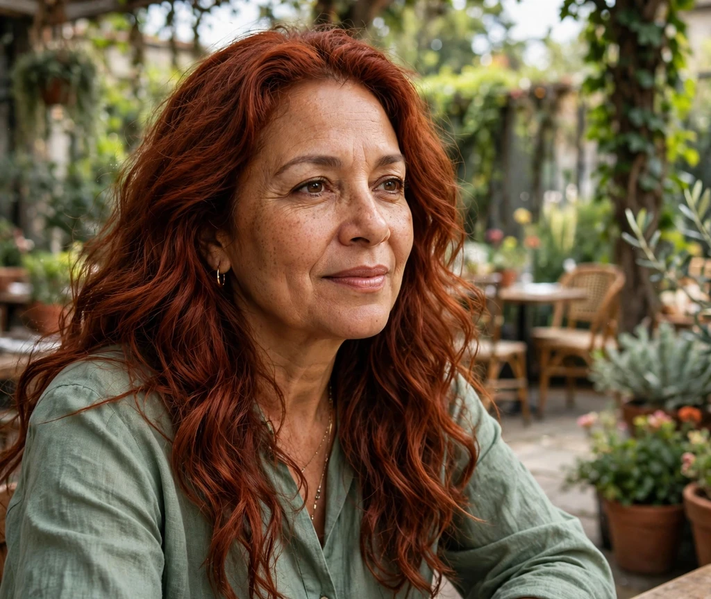 Woman with rich rust red hair in a garden café