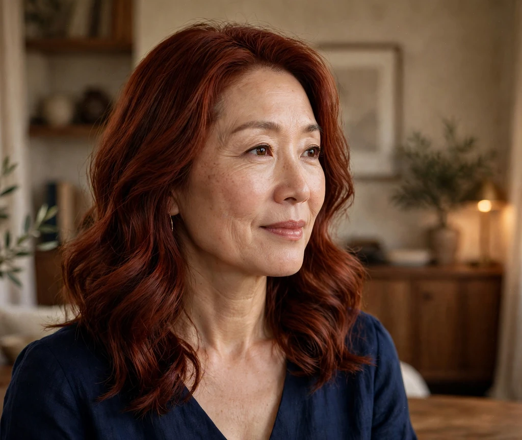 Woman with cherrywood red hair in elegant waves