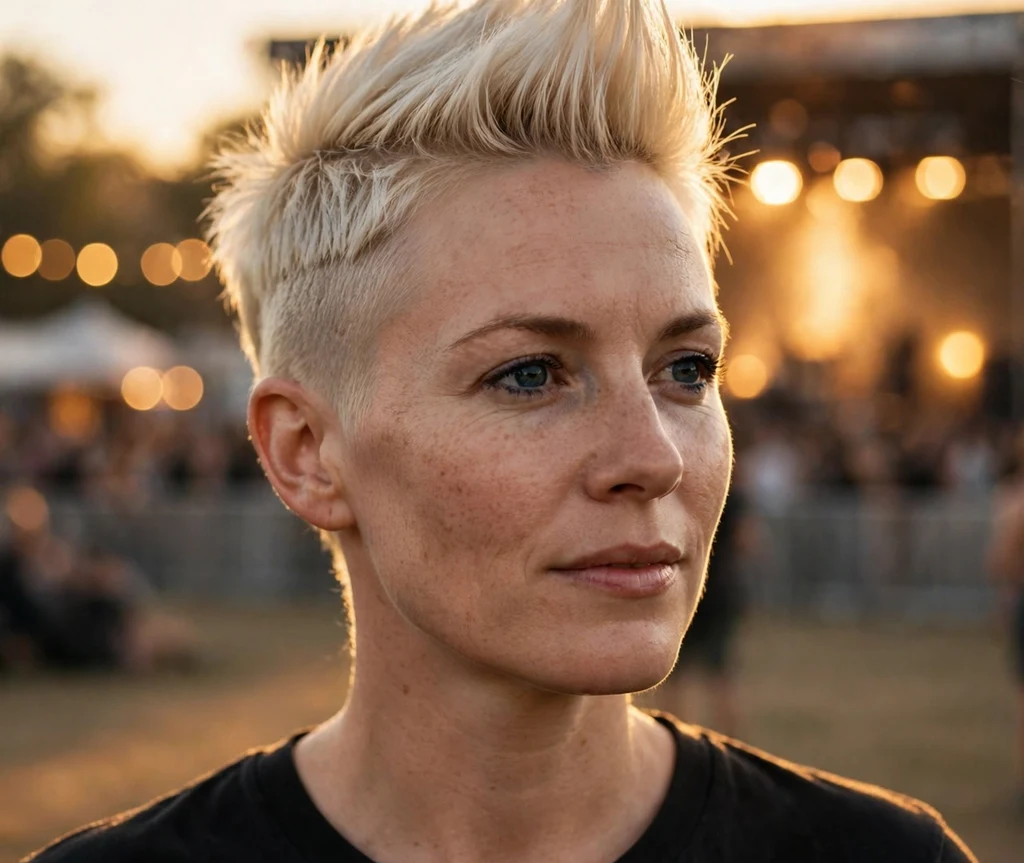Woman with a platinum blonde faux hawk at an outdoor festival at golden hour