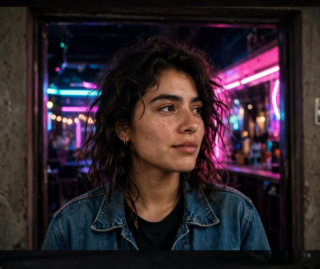 Woman with messy dark brown bedhead waves in a denim jacket outside a neon-lit club