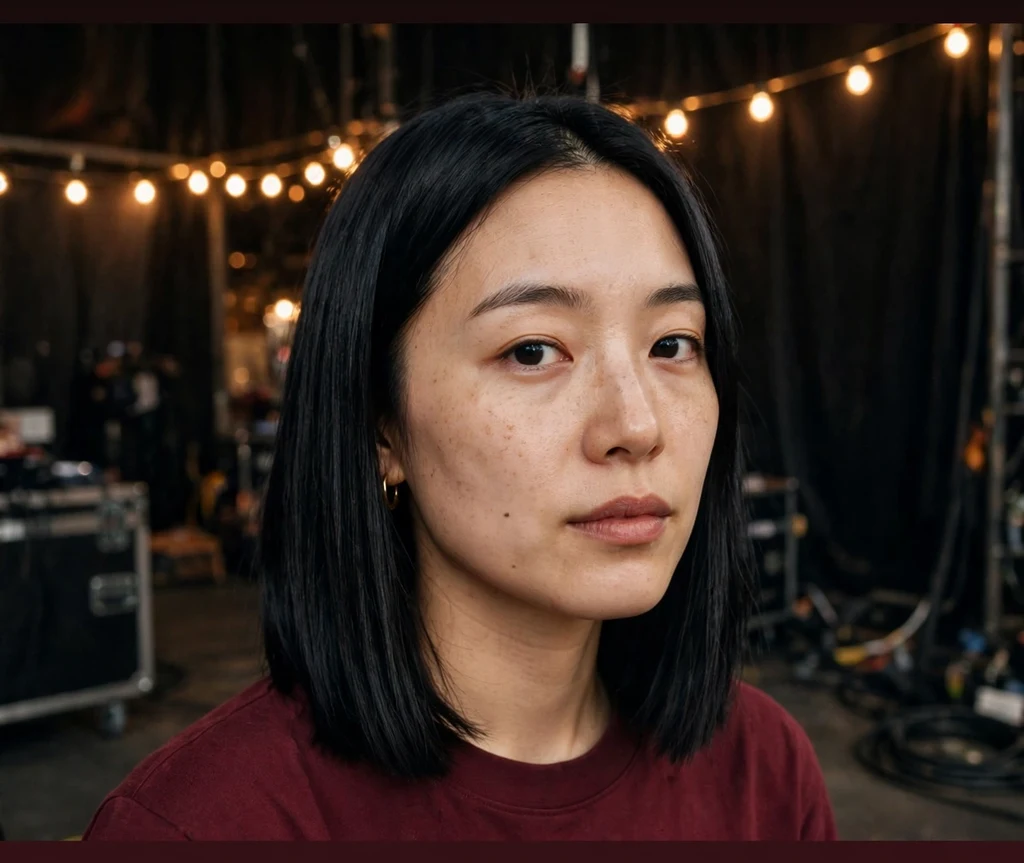 Woman with a jet-black blunt lob backstage at a concert venue