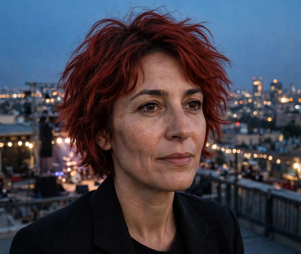 Woman with a cherry-red tousled bob at a rooftop concert venue at dusk