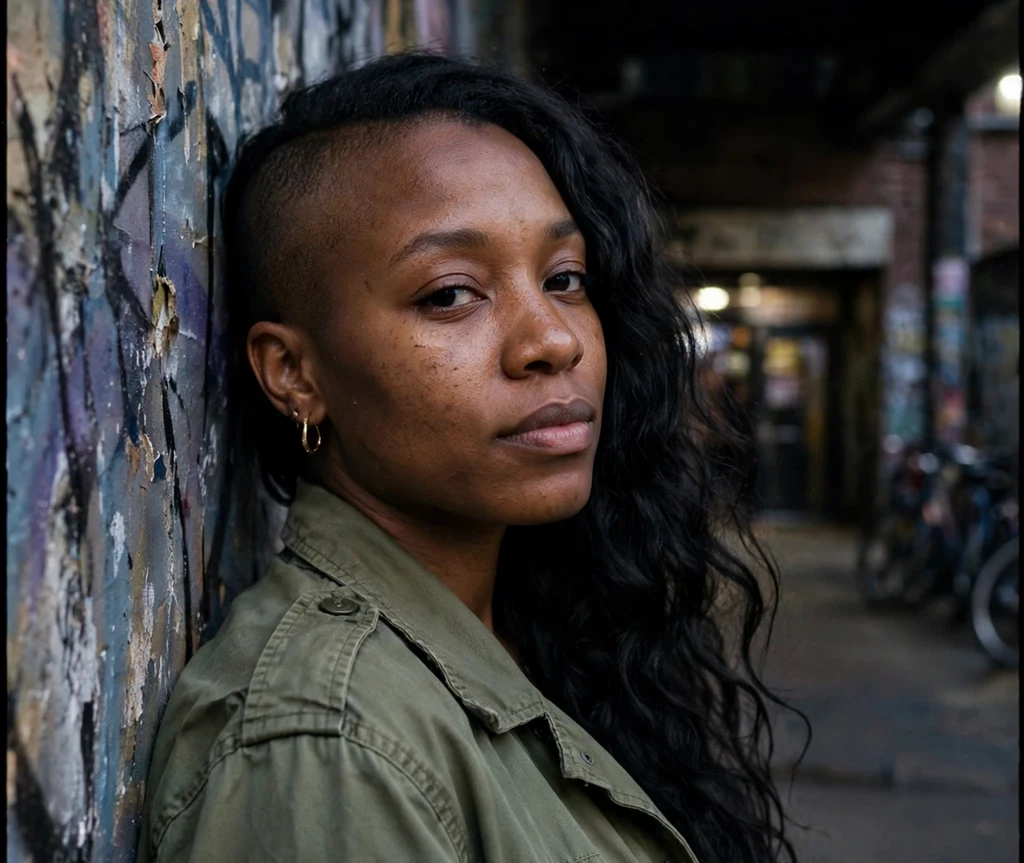 Woman with a half-shaved side and long black wavy layers against a graffiti wall