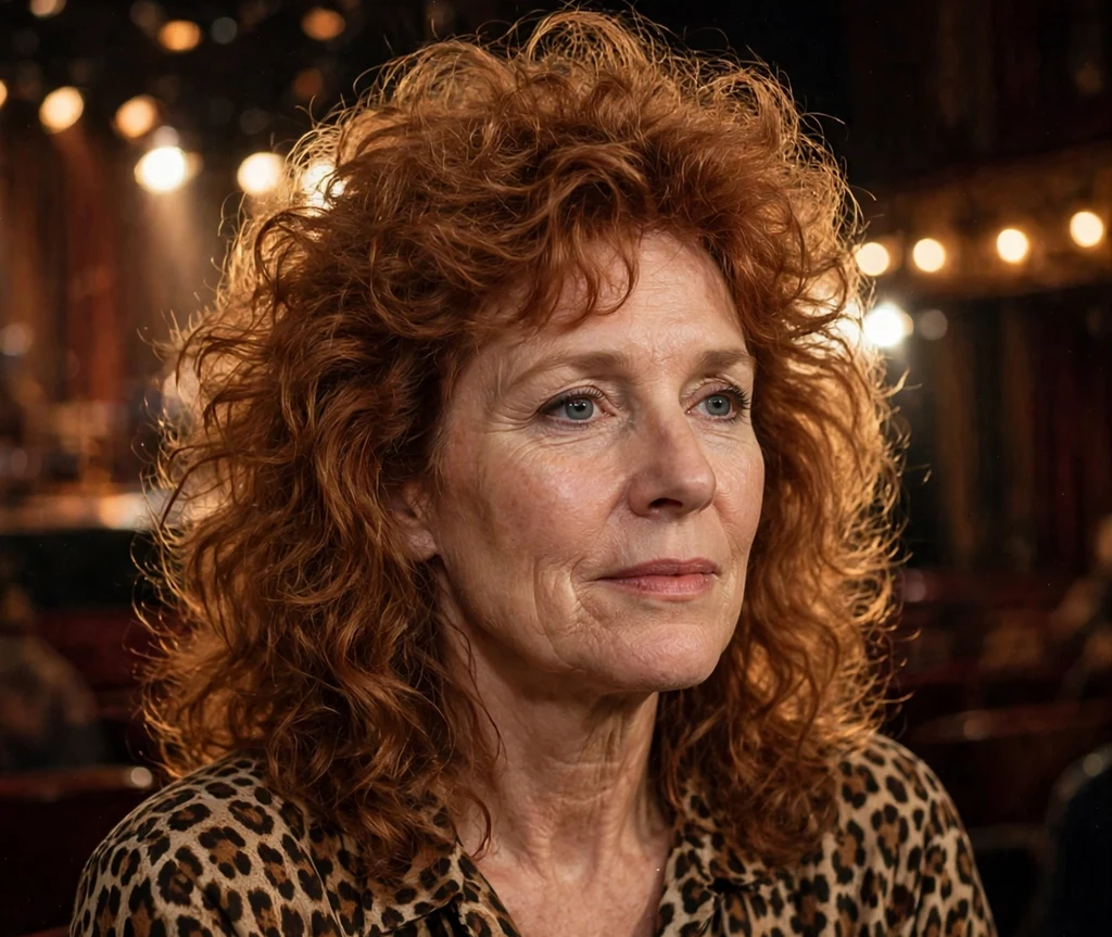 Woman with teased auburn 80s volume curls in a retro concert hall
