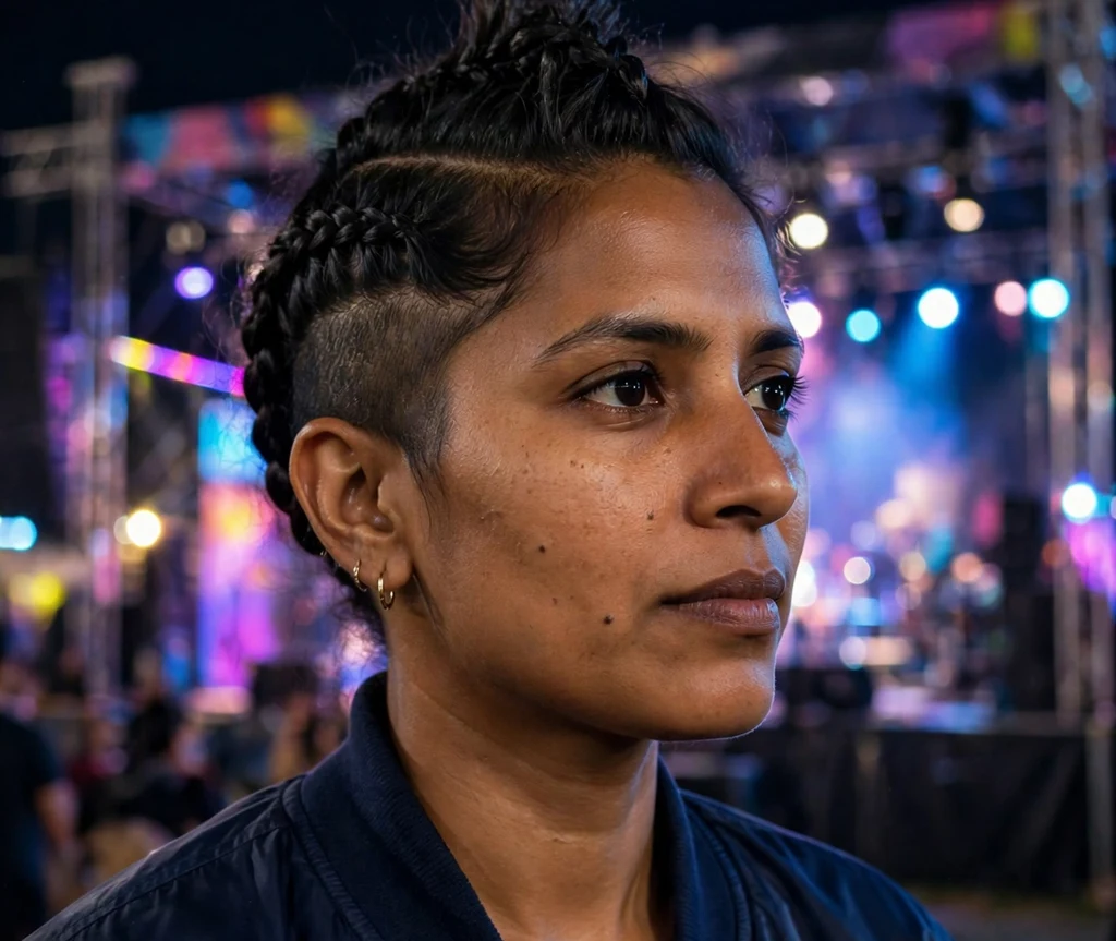 Woman with a dark braided mohawk updo at a festival main stage
