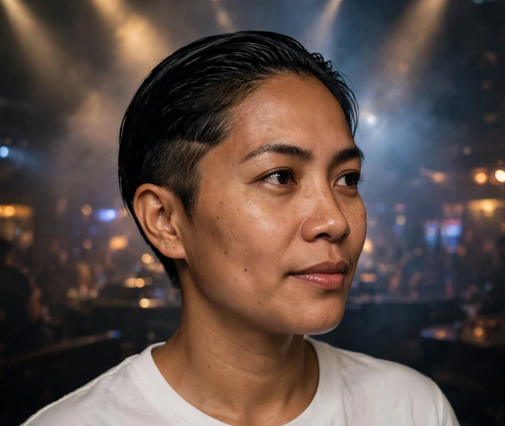 Woman with a slicked-back black undercut pixie in a smoky nightclub