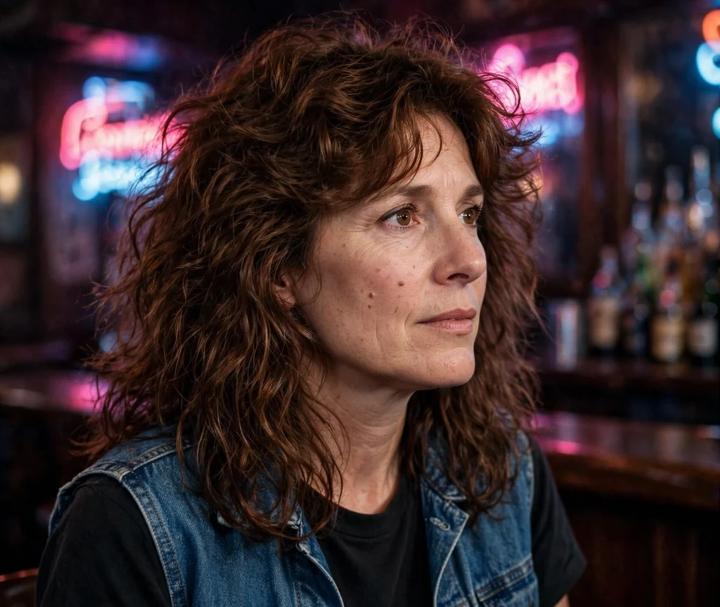 Woman with chestnut crimped hair in a dive bar with neon signs