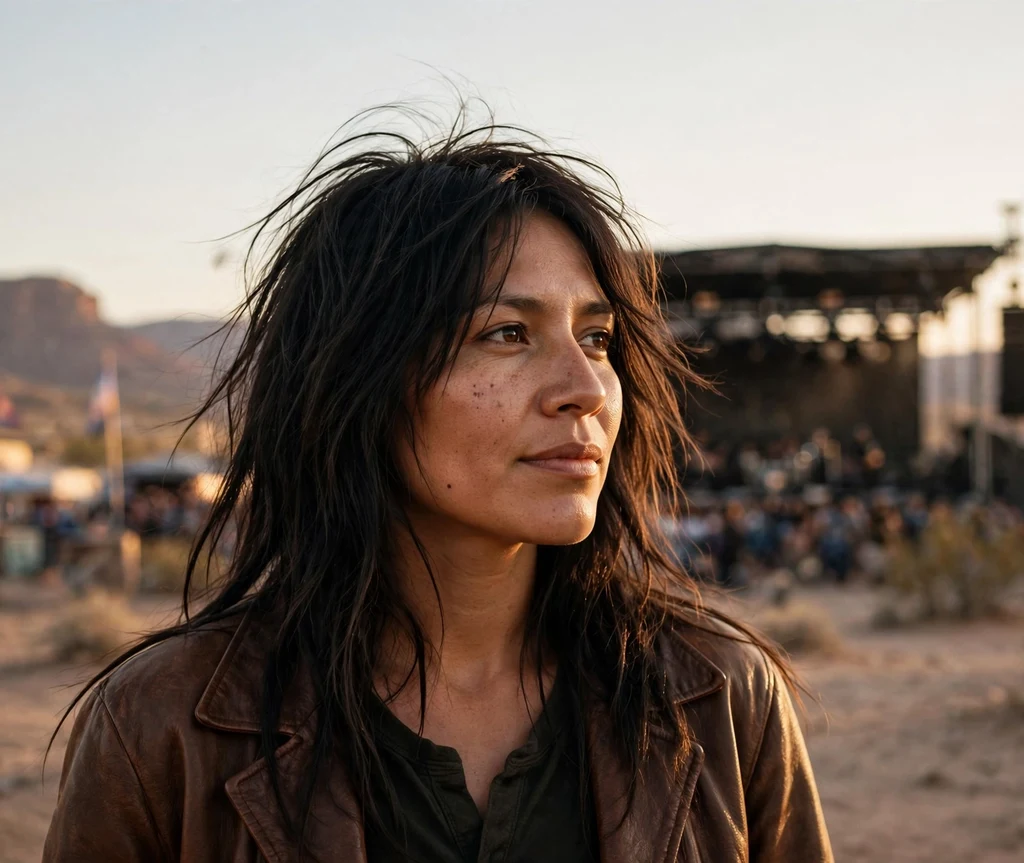 Woman with a long dark shaggy haircut in a brown leather jacket at a desert festival