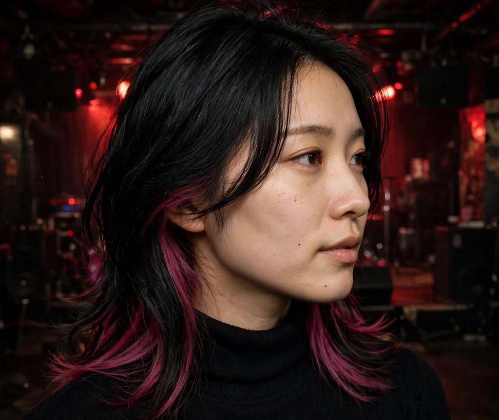 Woman with black hair revealing hidden magenta peekaboo color in an underground venue