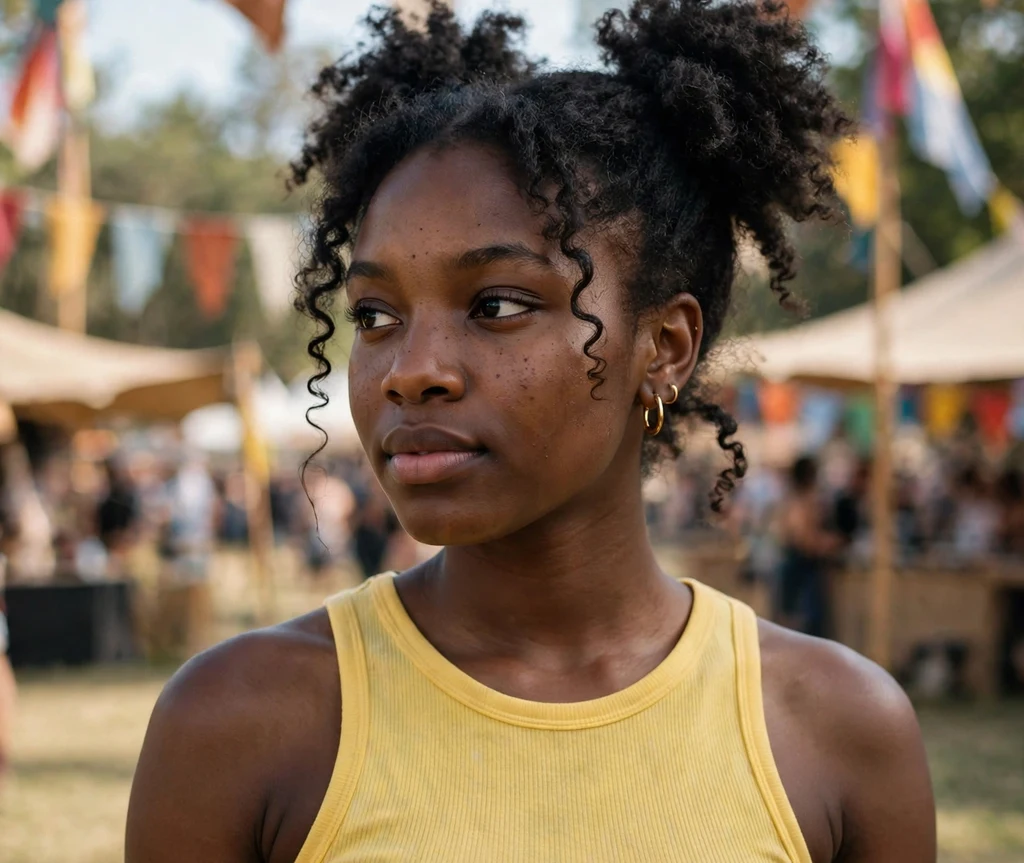 Woman with coily hair in two space buns and a yellow top at a daytime festival
