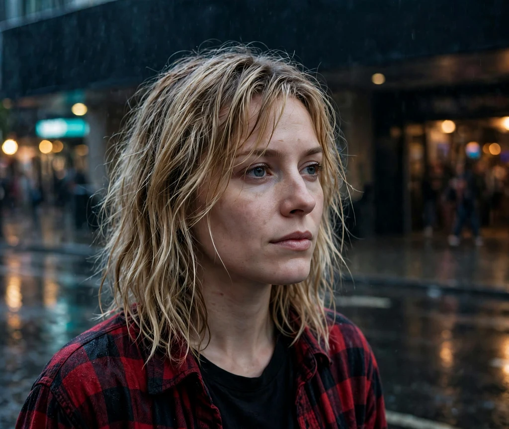 Woman with side-swept grunge bangs and flannel on a rainy street outside a venue