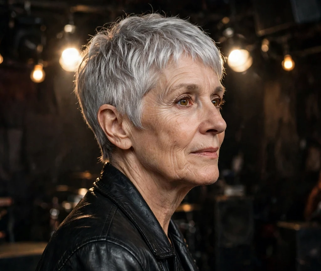 Older woman with a silver punk pixie cut in a black leather jacket at a rock club