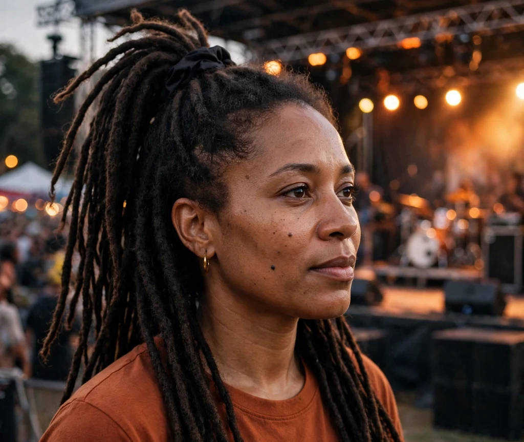 Woman with long dreadlocks in a high ponytail at a reggae-rock festival