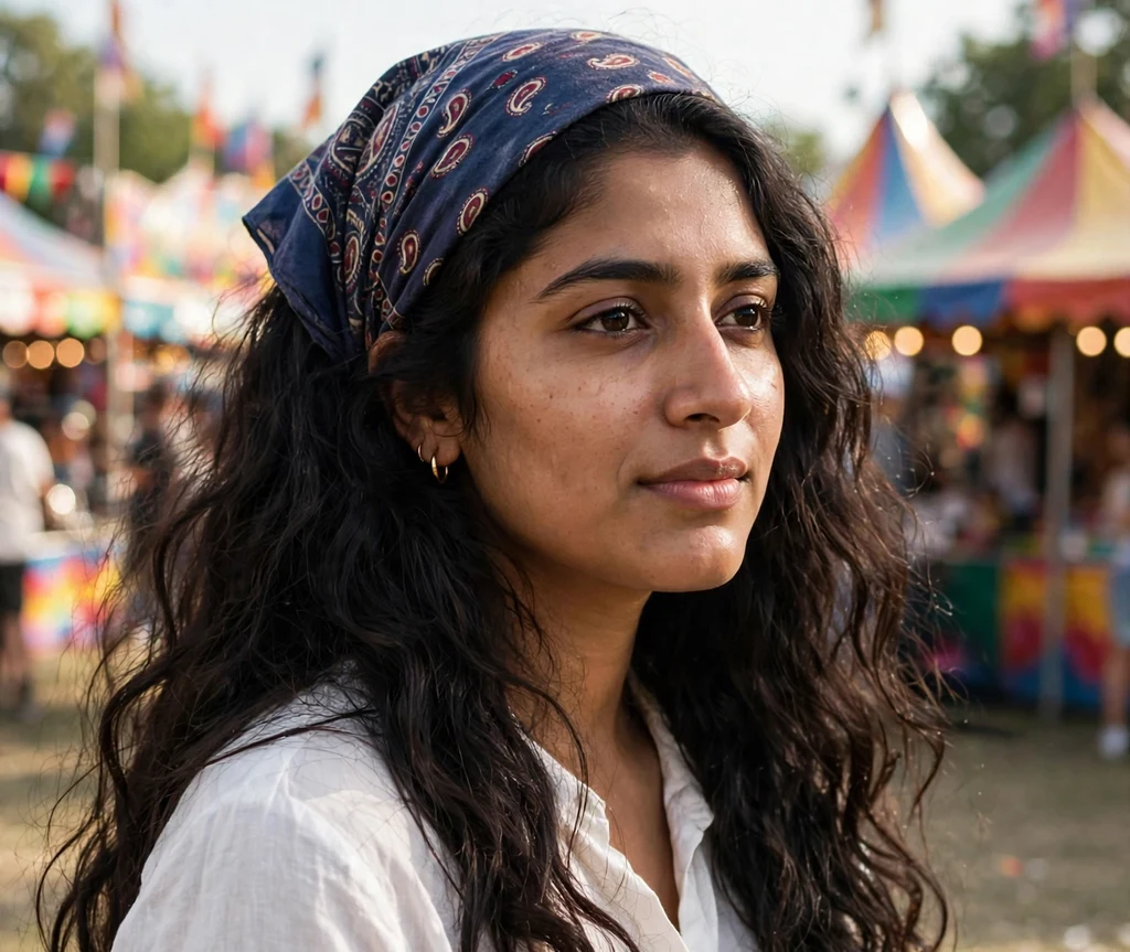 Woman with long dark waves and a patterned bandana at a carnival concert