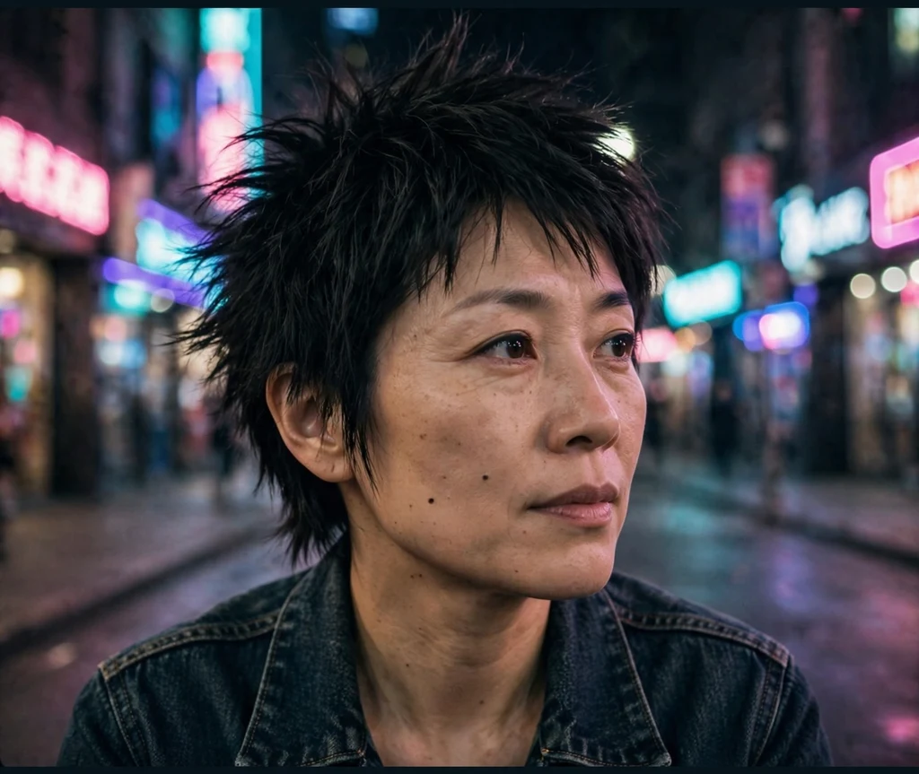 Woman with a short spiky black layered shag on a neon-lit city street