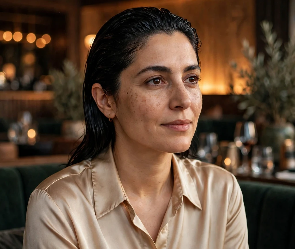 Woman with wet-look slicked-back black hair in a concert VIP lounge