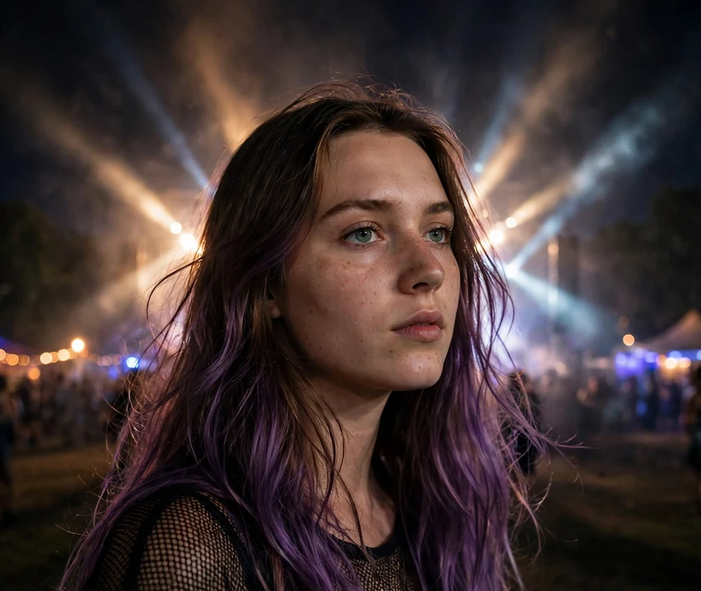 Woman with long purple ombre mermaid waves at a night festival